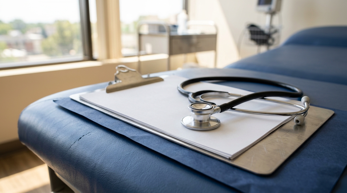 Medical clipboard and stethoscope on an examination table representing practice management organization