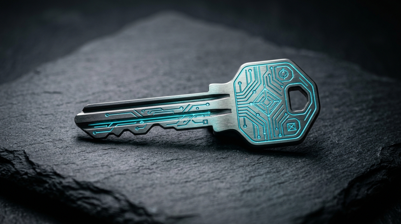 Titanium key with glowing circuit patterns symbolizing secure API keys and sensitive data.