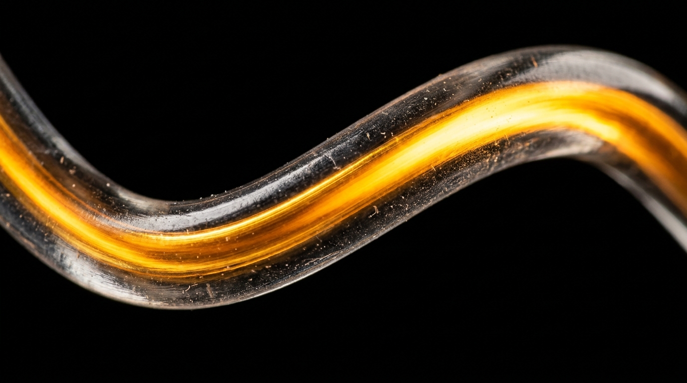 Close-up of a fiber optic strand transmitting light representing millisecond data synchronization.