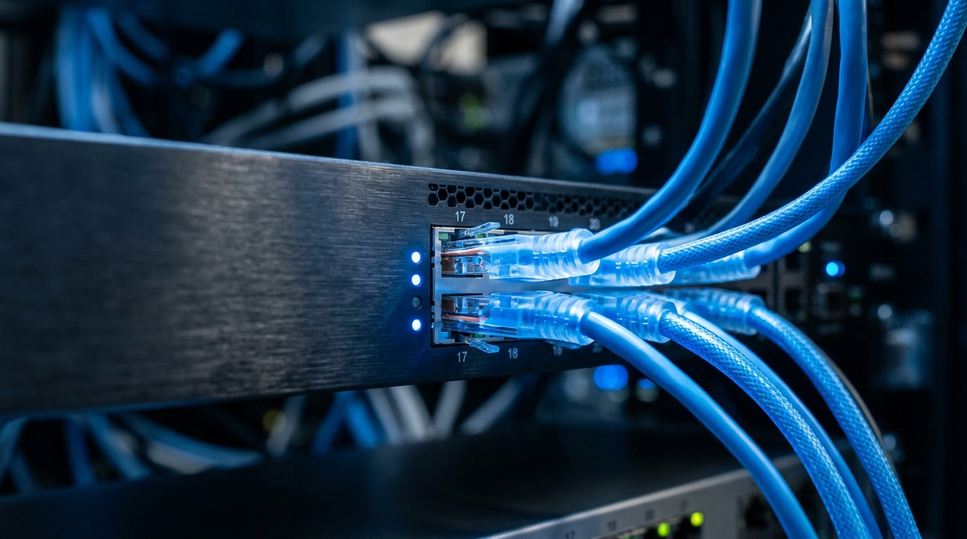 Glowing blue ethernet cables in a network switch representing secure local first architecture.