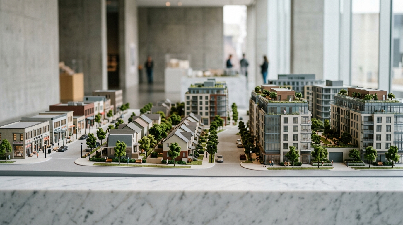 Architectural scale model of residential and commercial buildings representing property management portfolios.