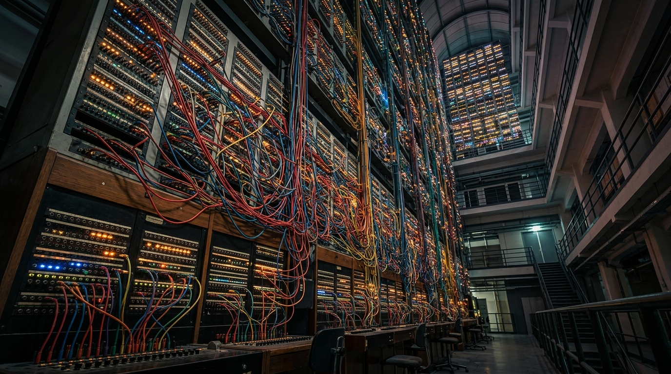 Massive switchboard with thousands of colorful cables representing a vast software app ecosystem.