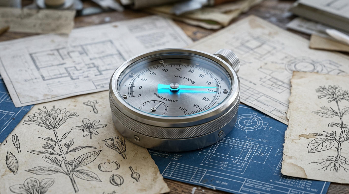Modern metallic gauge measuring scientific consensus resting on scattered anatomical blueprints.