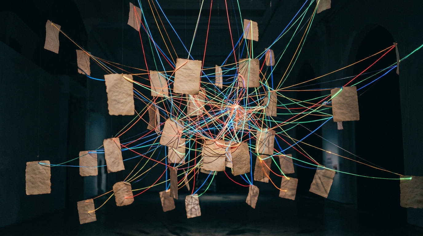 Floating academic papers connected by glowing fiber-optic threads forming a citation network.
