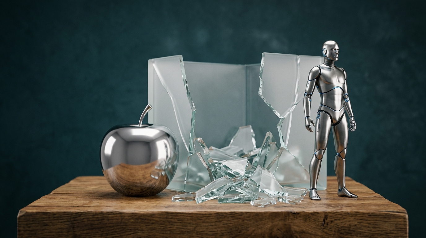 Polished metal apple and android figures near a broken glass enclosure symbolizing mixed ecosystems.