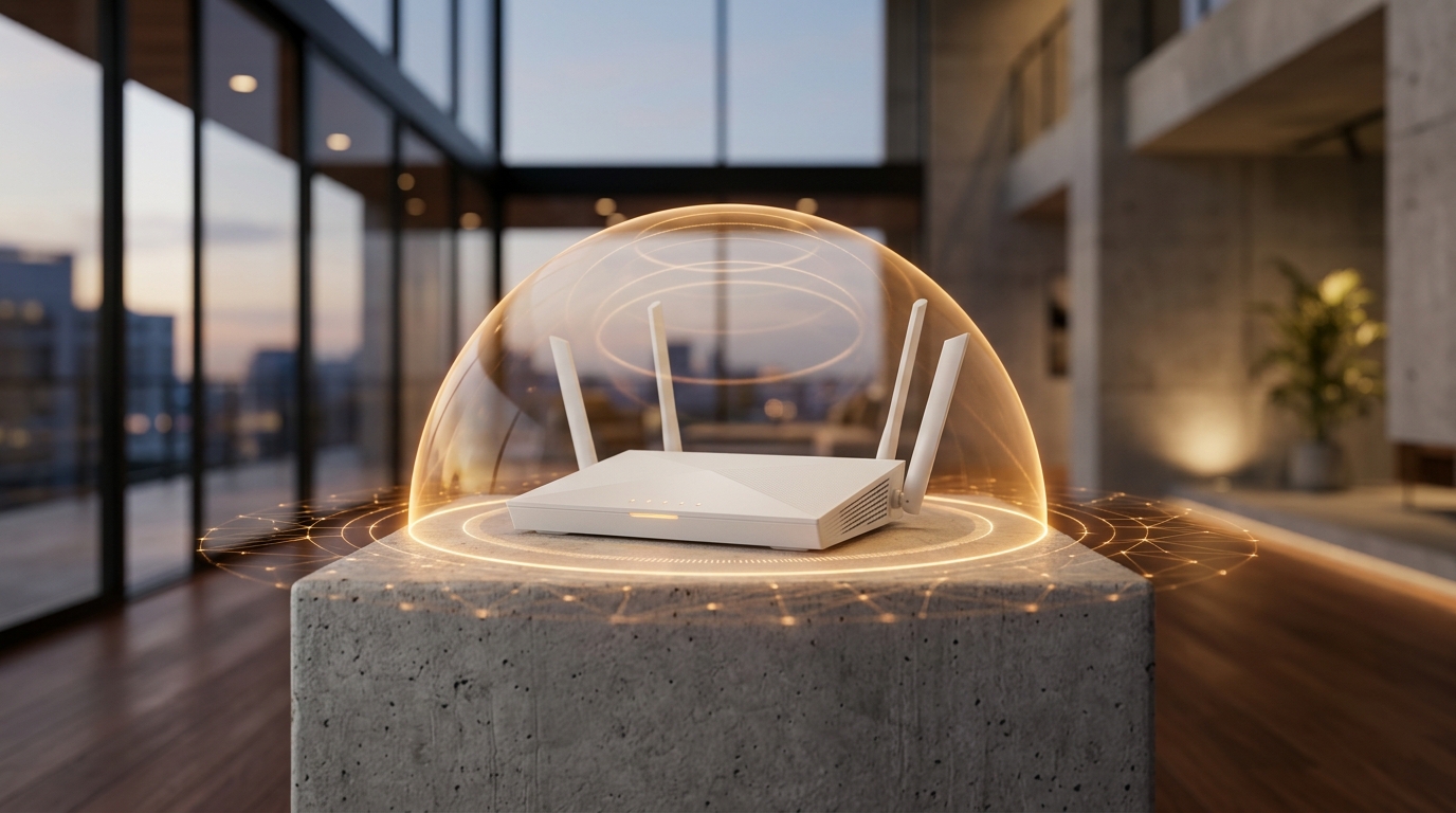 Modern Wi-Fi router surrounded by a glowing protective dome representing local network privacy.