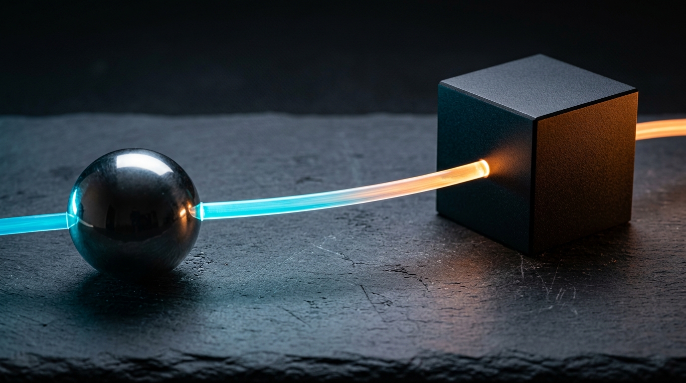 Glowing fiber-optic light connecting different geometric shapes representing seamless cross-platform syncing.