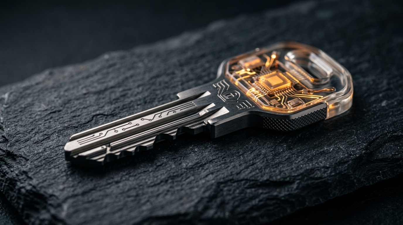 Futuristic titanium cryptographic key with glowing microchips representing end-to-end encryption for sensitive data.
