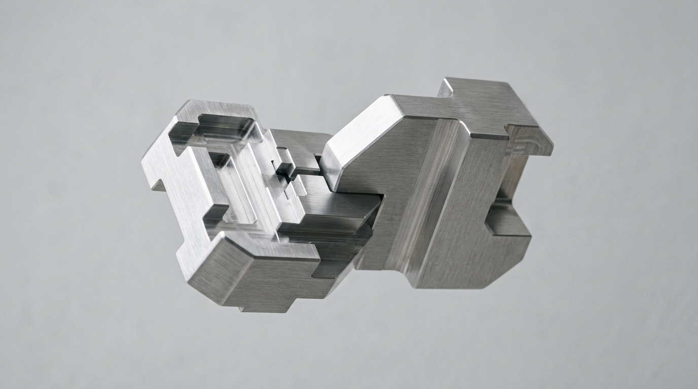 Interlocking brushed aluminum geometric shapes illustrating a seamless local network handshake without user accounts.