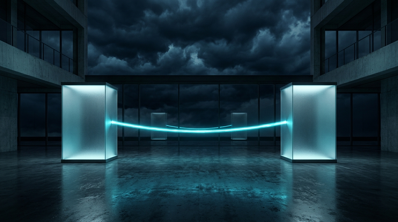 Two glass monoliths connected by a glowing beam representing local-first architecture and secure clipboard sync.