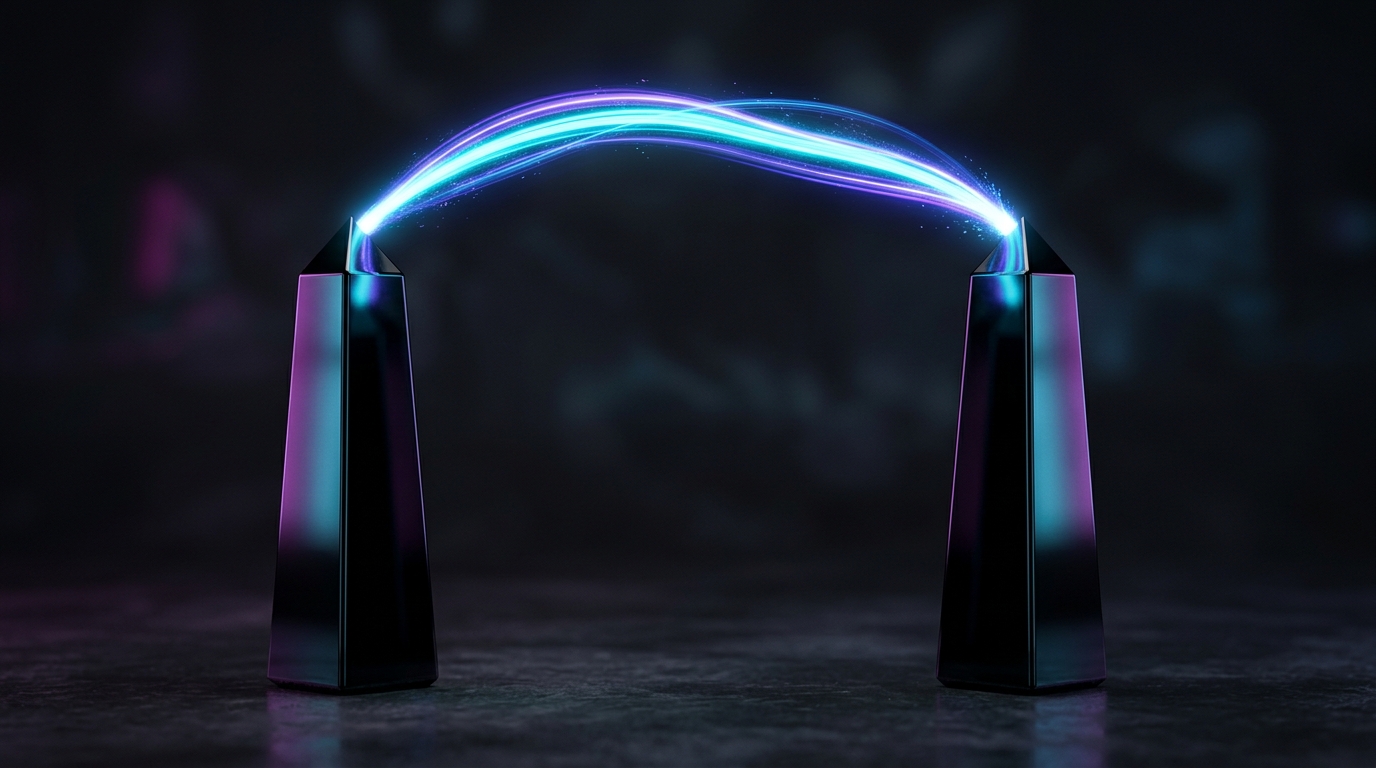 Glowing light arcing between two obsidian obelisks representing seamless cross-device clipboard synchronization.