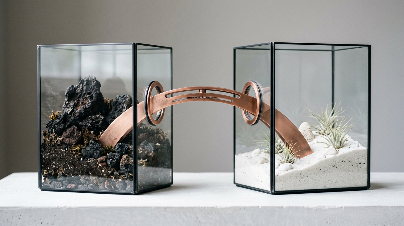 Two distinct glass terrariums connected by a sleek metallic bridge symbolizing cross-platform integration.