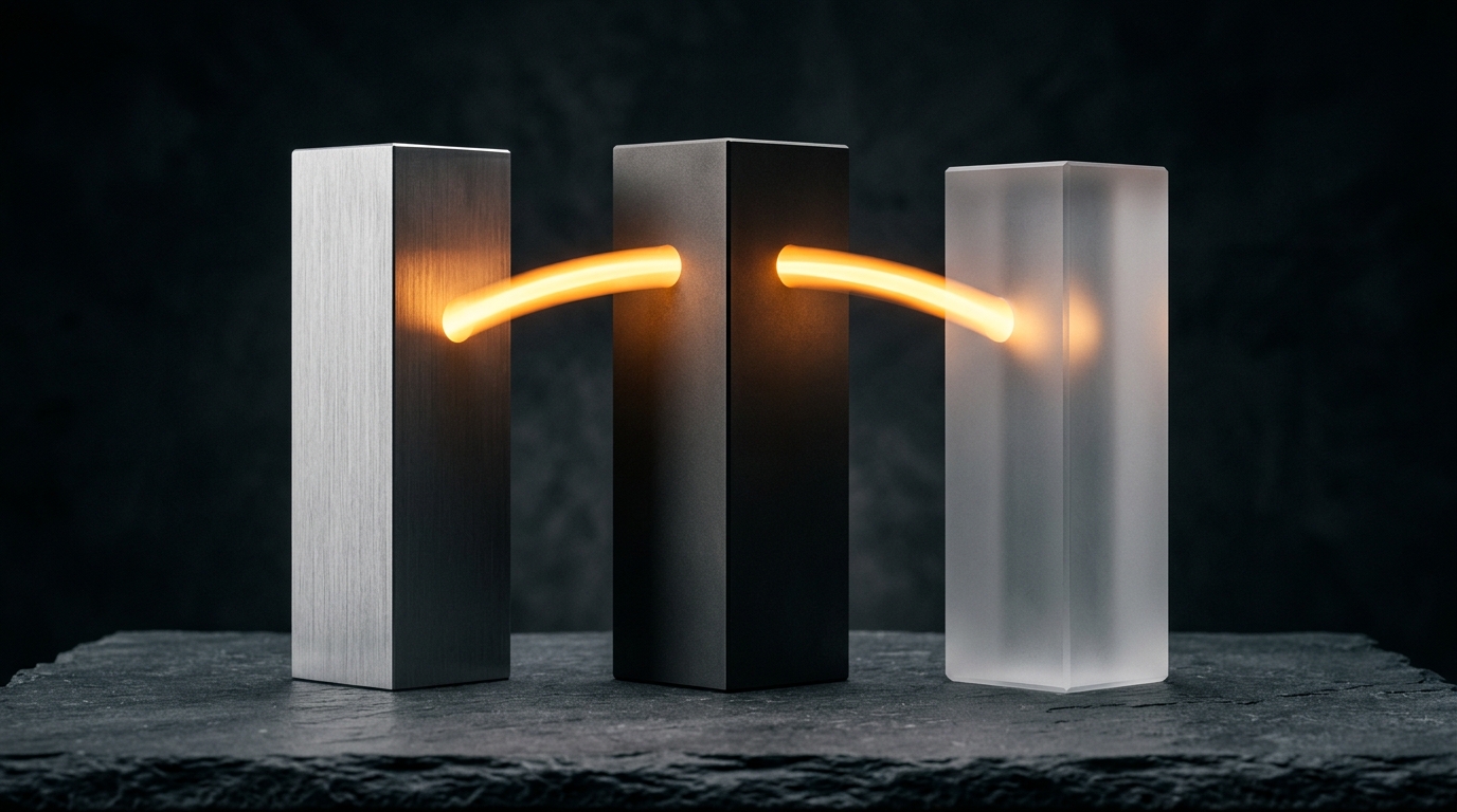 Three distinct geometric monoliths connected by a glowing amber light representing seamless synchronization.