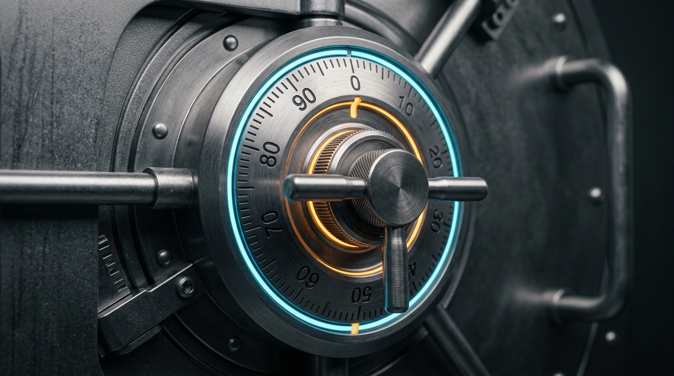 Brushed titanium vault dial symbolizing secure local data privacy and protection.