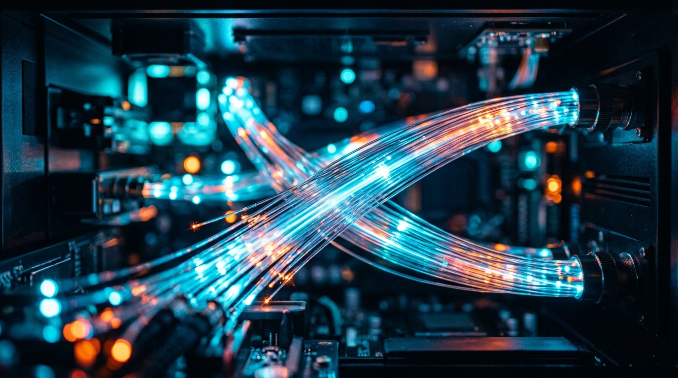 Glowing fiber optic strands representing high-speed real-time data transfer in milliseconds.