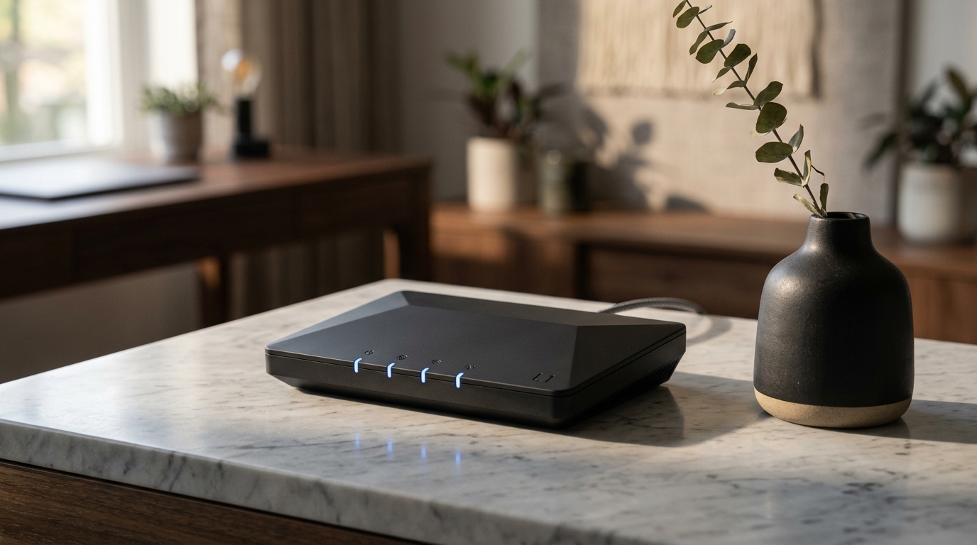 Sleek modern Wi-Fi router representing a secure local network for syncing devices.