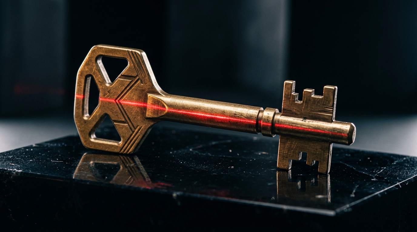 Machined brass key on dark obsidian representing secure API keys and credential protection.