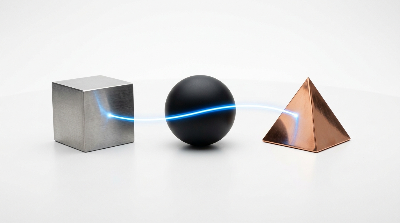 Connected geometric shapes symbolizing cross-platform synchronization and local-first architecture for remote teams.
