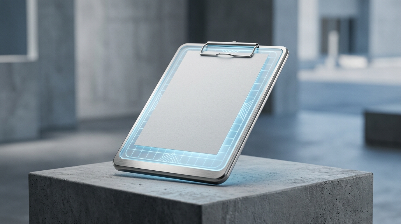 Modern frosted glass and titanium clipboard representing secure team clipboard sharing software.