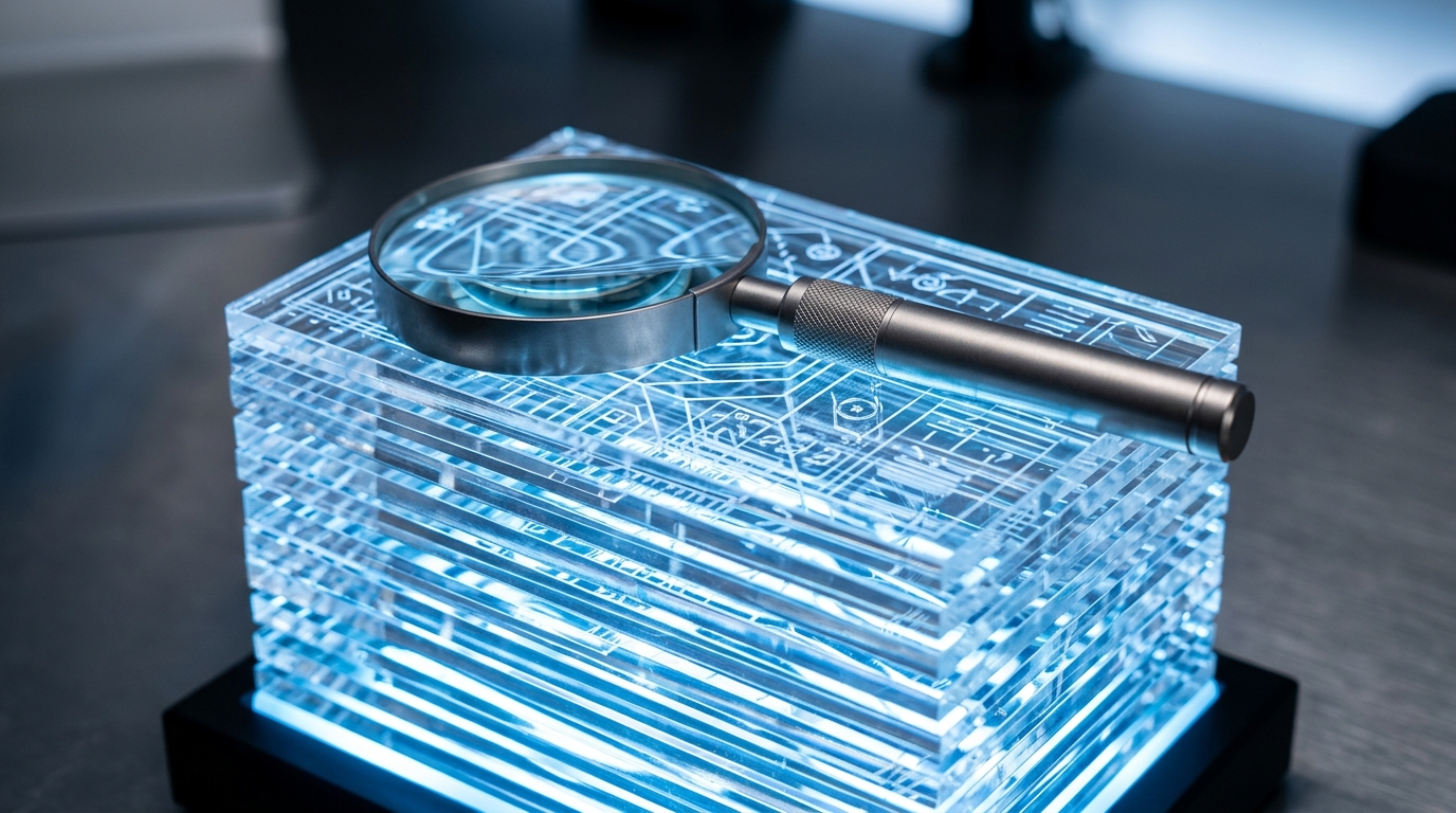 Modern magnifying glass resting on illuminated transparent acrylic plates representing clipboard search.