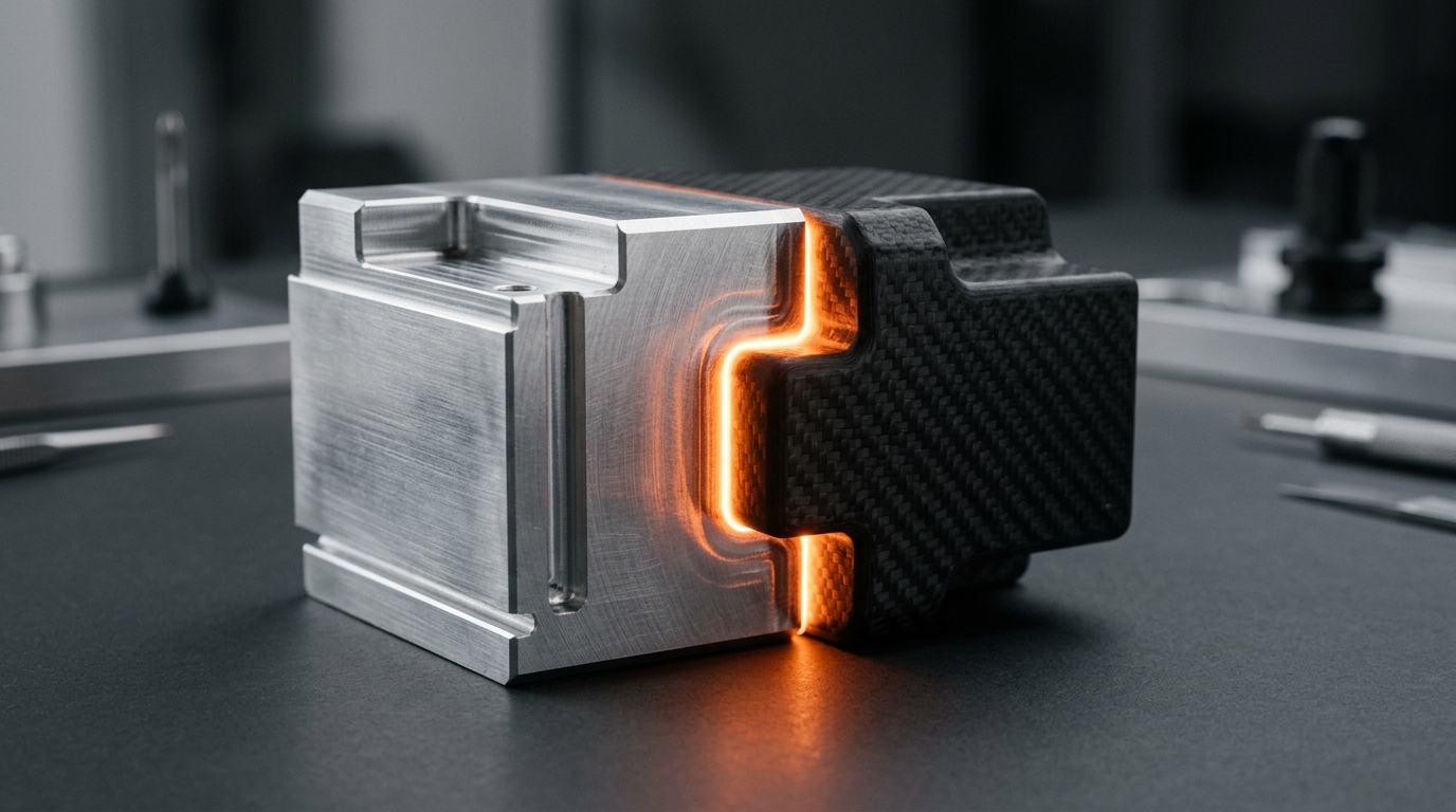 Interlocking silver aluminum and black carbon fiber blocks representing bridging incompatible operating systems.