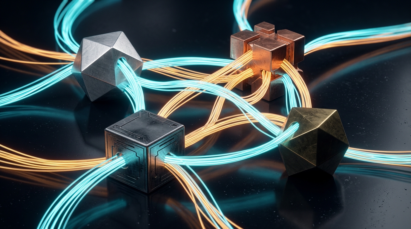 Glowing fiber optic cables connecting metallic hubs representing cross-platform clipboard synchronization.