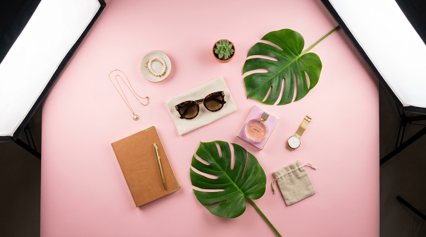 Overhead view of sunglasses and perfume arranged carefully on a pink background for visual content.