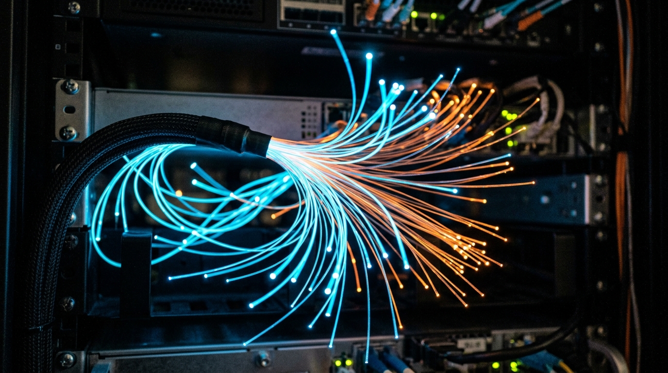 Glowing fiber optic cables representing high volume lead routing and telecommunications