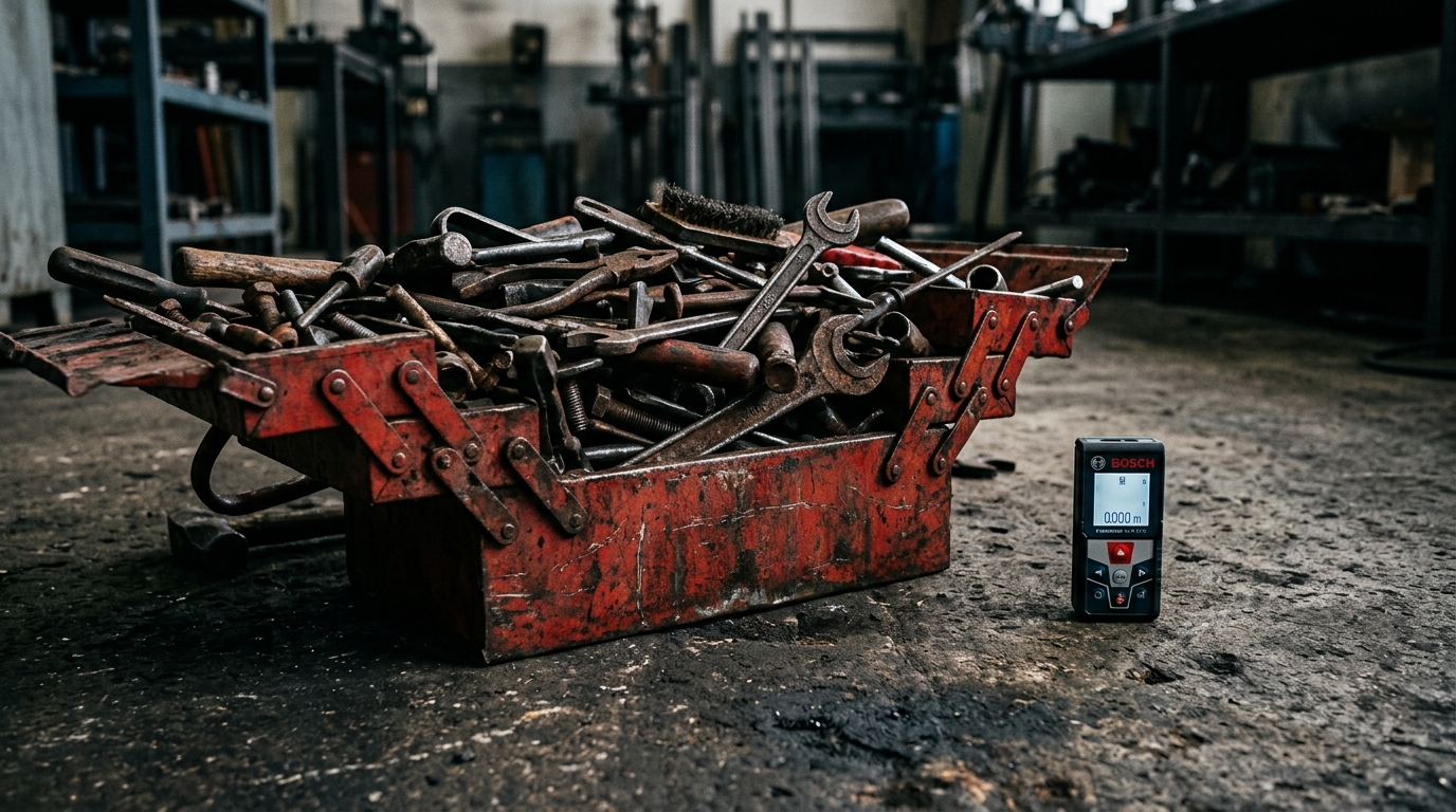 Overflowing metal toolbox next to a sleek laser measuring tool representing software feature bloat.