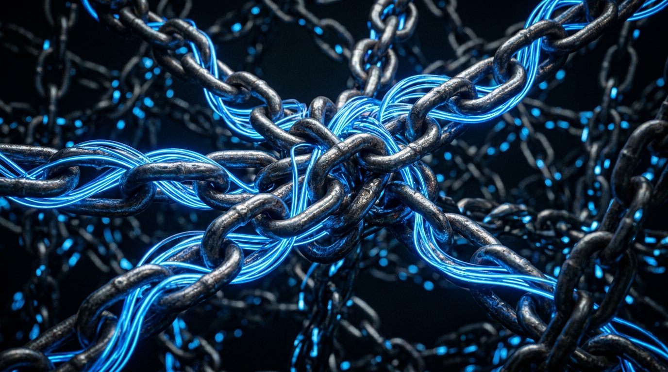 Interlocking metallic chains and glowing fiber optic cables illustrating backlink analysis and digital connectivity.