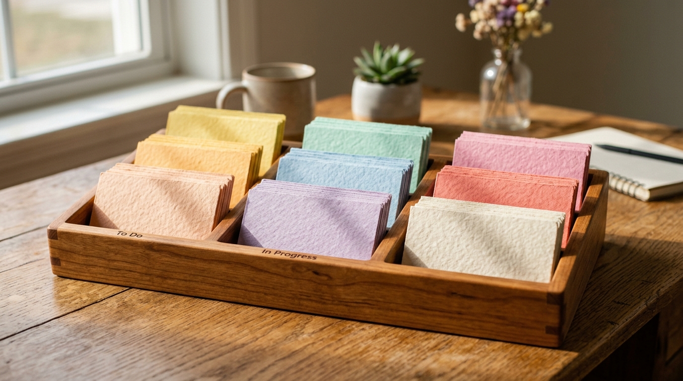 Wooden sorting tray with colorful paper cards illustrating a simple Kanban task workflow system.
