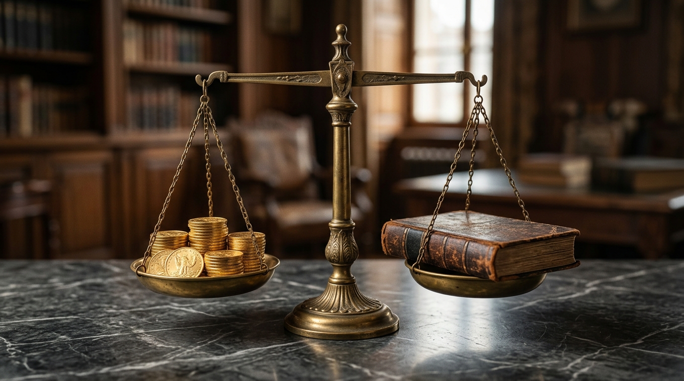 Brass scales of justice balancing gold coins and a ledger for legal accounting.