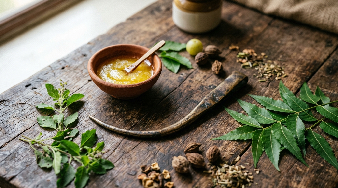 Ancient Indian medical tools including a curved bronze needle and terracotta bowl of butter.