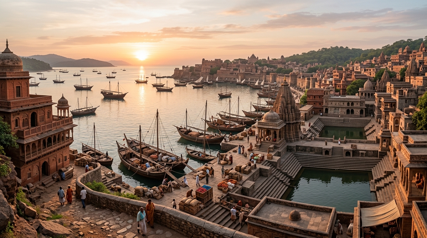 Ancient Indian harbor city at sunrise showcasing architectural and maritime trade achievements.