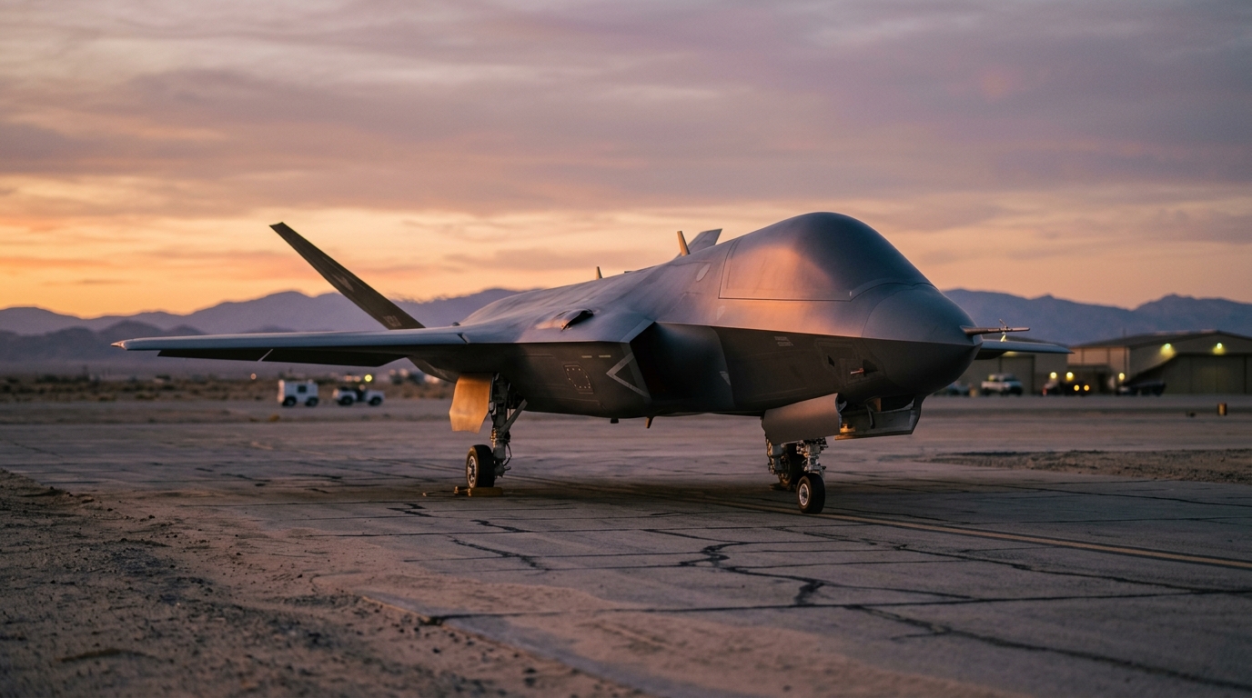 Modern stealth combat UAV parked on an airstrip representing the future of unmanned aviation.