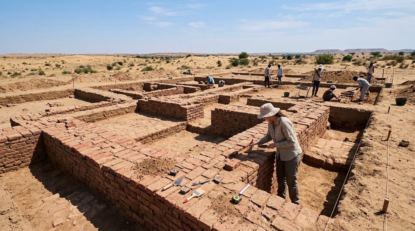 Excavated red brick walls of an ancient Harappan settlement in the Thar desert.