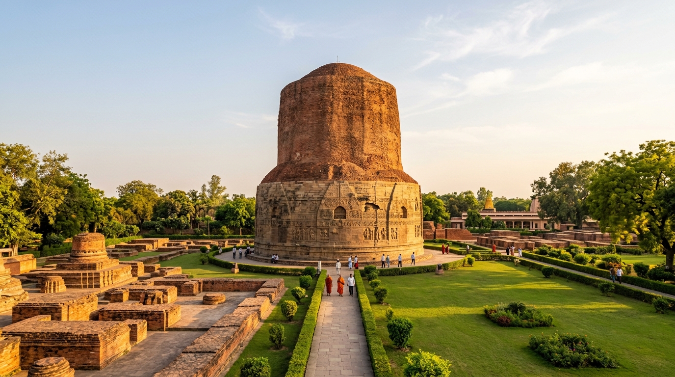 The ancient brick Dhamek Stupa at Sarnath surrounded by green lawns and ruins.