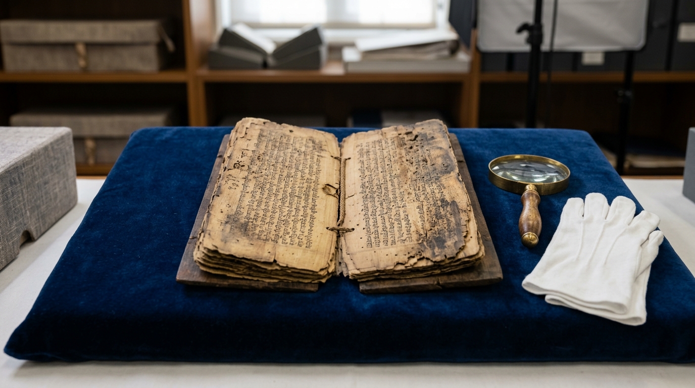 Ancient Indian palm-leaf manuscript and magnifying glass on an archival cushion for historical research.
