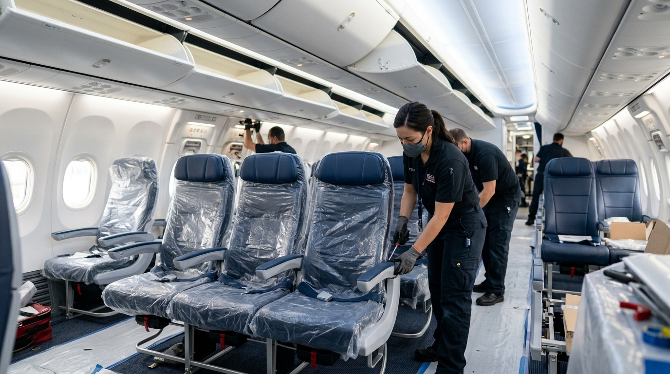 Modern passenger aircraft interior undergoing seat upgrades and cabin refitting for fleet modernization.
