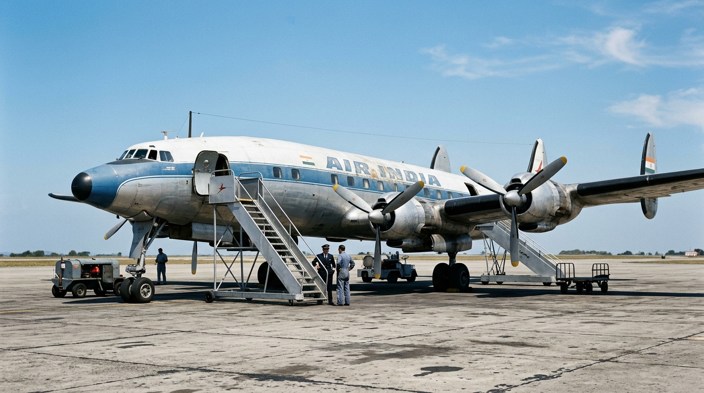Classic 1950s propeller airliner on an airport tarmac with vintage metal boarding stairs.