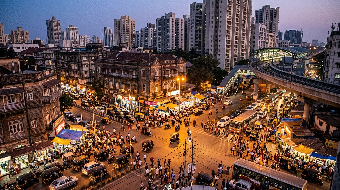 Bustling Indian city intersection at twilight illustrating rapid rural to urban population migration.