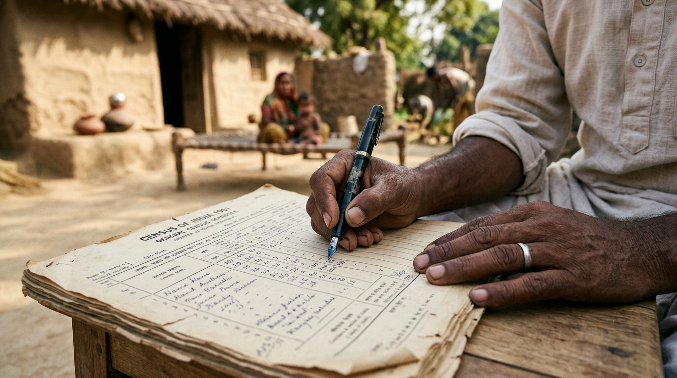 Close-up of an enumerator filling out historical Indian census forms in a rural village.