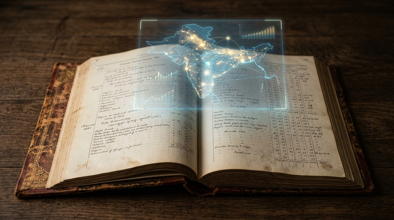 Vintage 1881 Indian census ledger blending with modern digital data points and map.