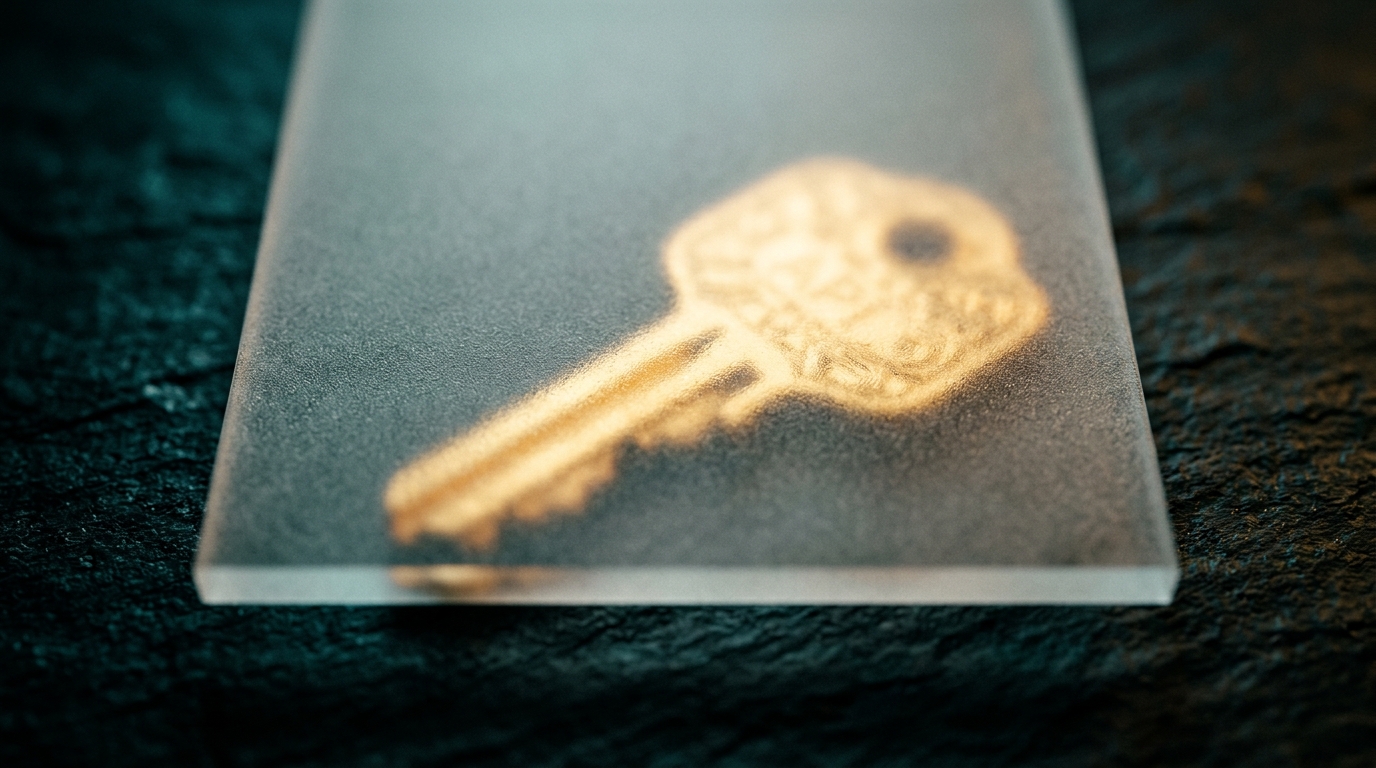 A glowing key partially obscured by a frosted glass privacy shield.