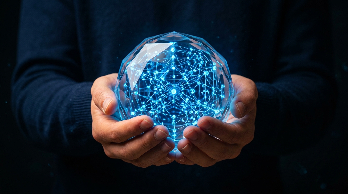 Hands securely holding a glowing crystal sphere containing an isolated local network.
