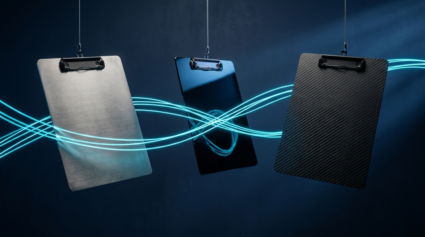 Three futuristic clipboards connected by glowing fiber optic threads in a modern studio.