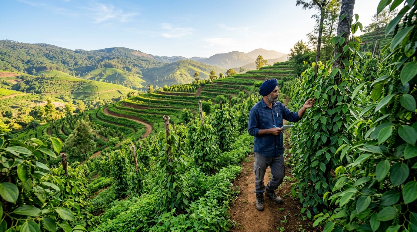 Indian farmer inspecting green peppercorn vines in a lush modern agricultural plantation.