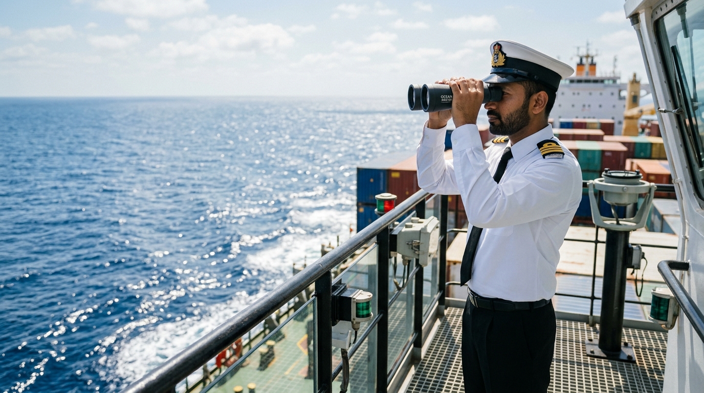 Indian merchant navy officer in white uniform looking through binoculars on a commercial ship.