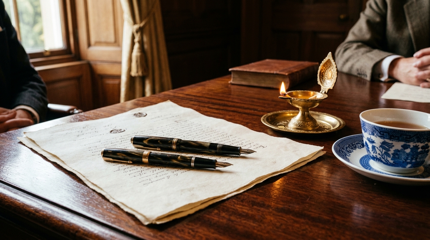 Antique fountain pens on parchment with Indian and Chinese cultural artifacts representing diplomatic history.