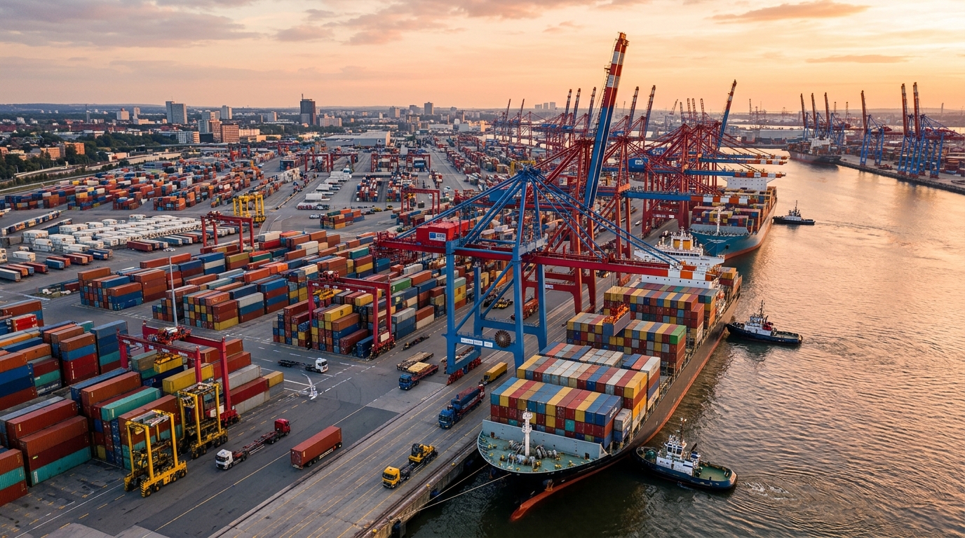 Massive international shipping port with cranes loading containers, illustrating India China trade volume.